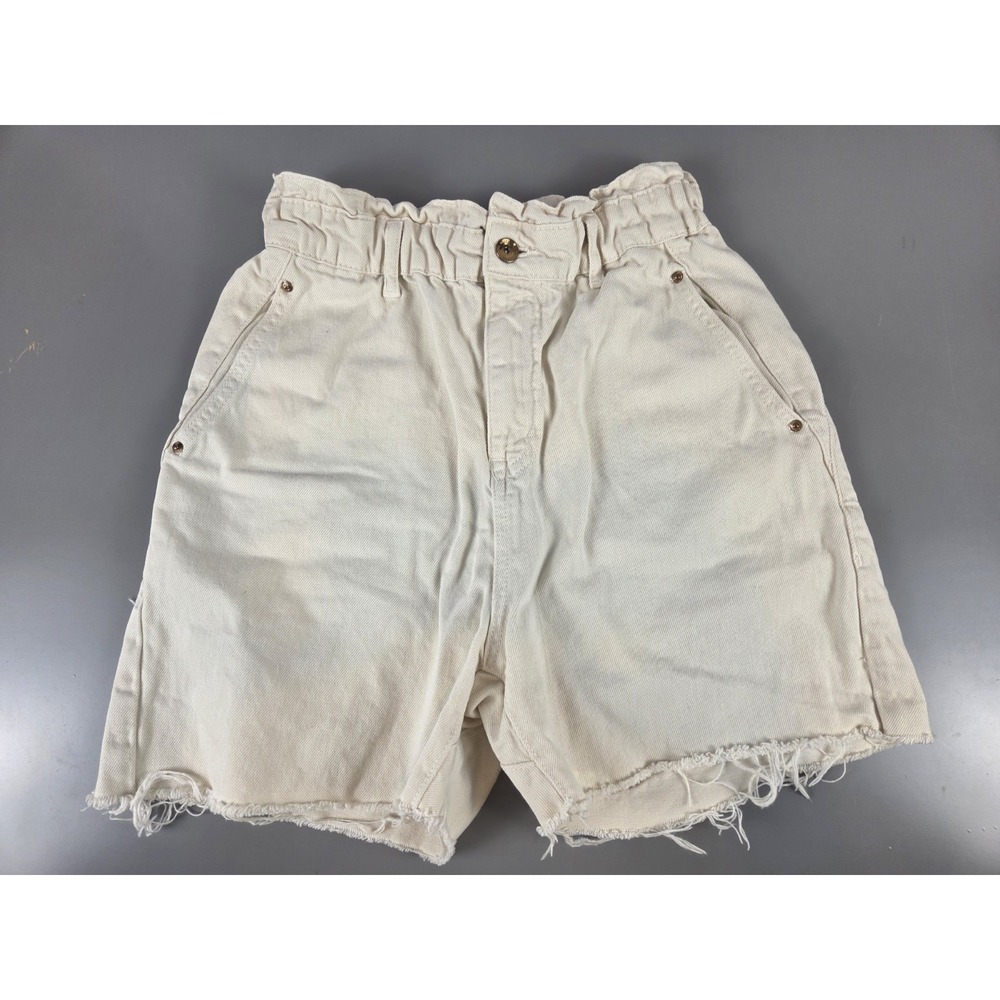Zara Cream Paperbag Denim Shorts High Waisted Frayed Hem Size 4